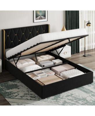 Full Size Lift Up Storage Bed Frame with Gold Wingback Headboard, Velvet Upholstered Bed Frame with Diamond Tufted Design
