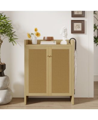 Rattan Shoe Cabinet - 6-Tier Shoe Storage Rack, Wooden Freestanding Shoe Organizer with Adjustable Shelves for Entryway, Hallway