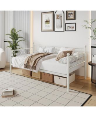 Twin Metal Daybed Frame with Floral Headboard, Steel Slats, Space-Saving