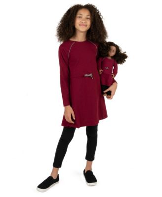 Girls Matching Girl & Doll Drawstring Cinch-Waist Long Sleeve Dress