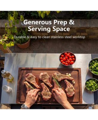 Outdoor Grill Cart with Drop Leaf, Metal Bar Cart with Wheels, Stainless Steel Top, Storage Cabinet, Spice and Paper Rack for BBQ