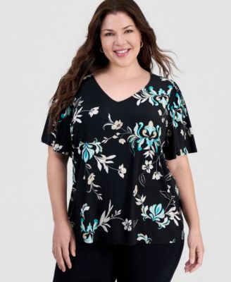 Plus Size Tossed Floral V-Neck Flutter-Sleeve Top