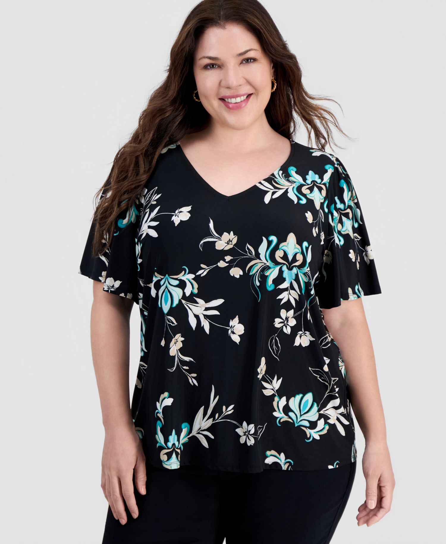 Plus Size Tossed Floral V-Neck Flutter-Sleeve Top