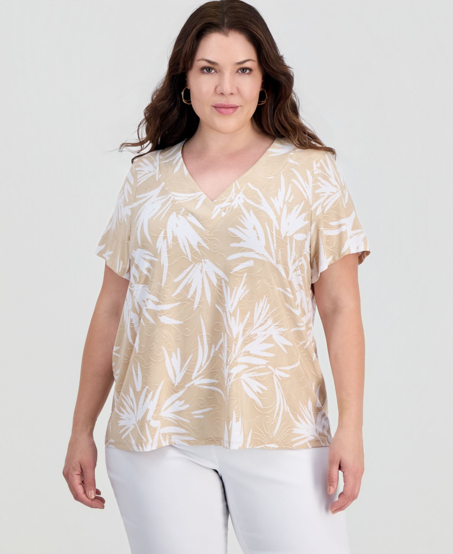 Petite Printed Short Sleeve V-Neck Jacquard Top