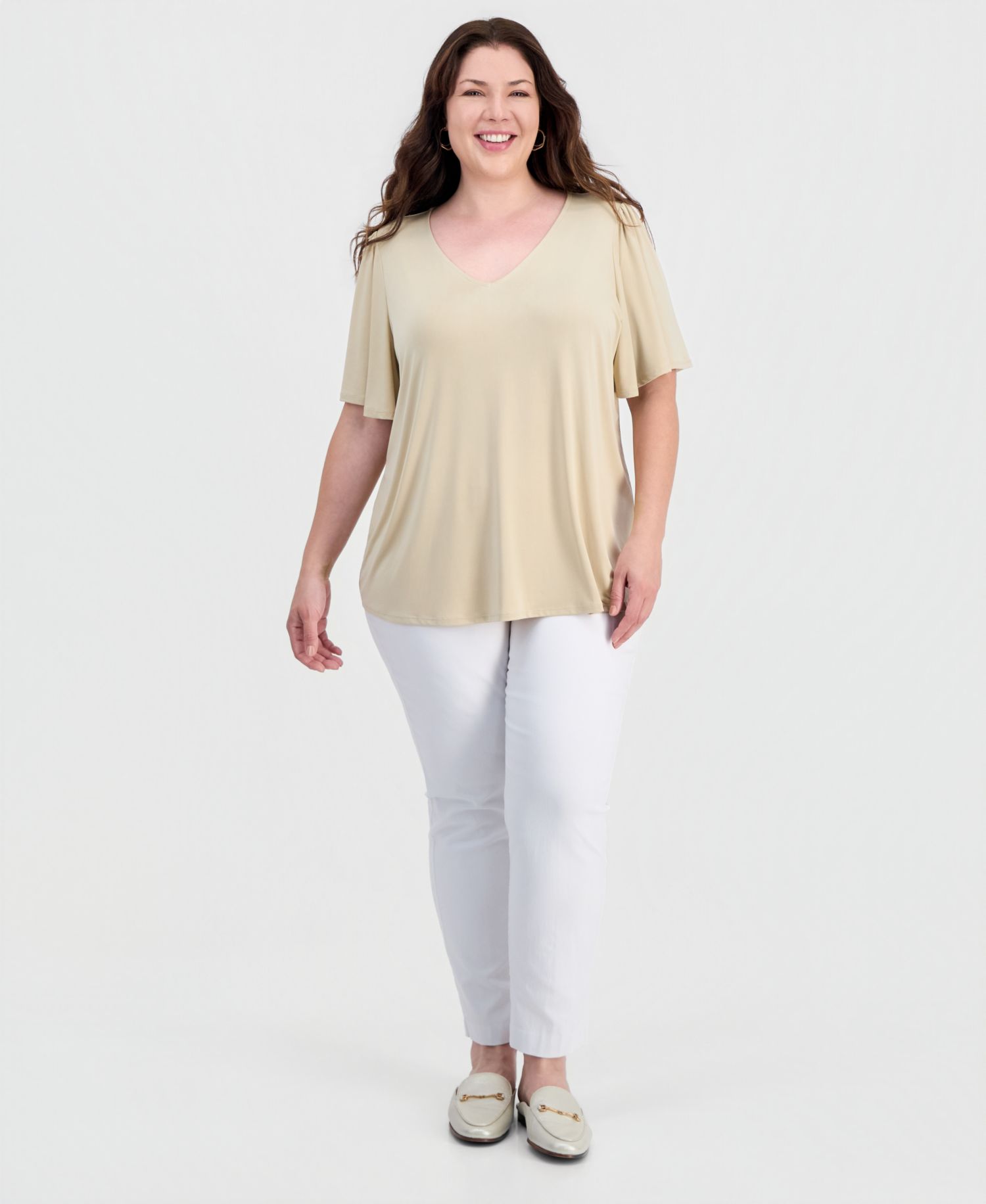 Plus Size Solid V-Neck Flutter-Sleeve Top