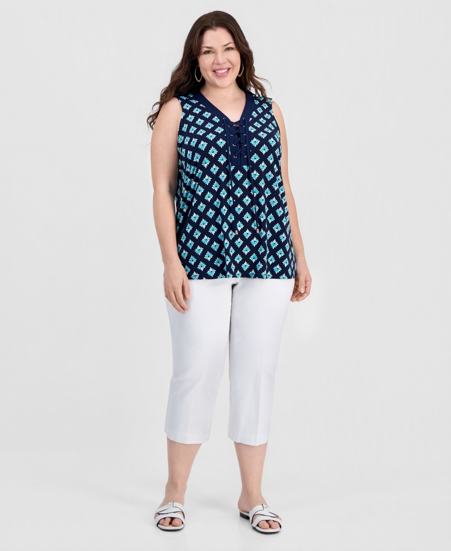 Petite Printed Lace-Up Sleeveless Top