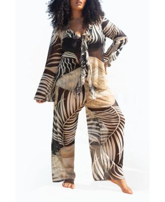 Women's Curve Tonal Palm Print Ruffle Resort Top