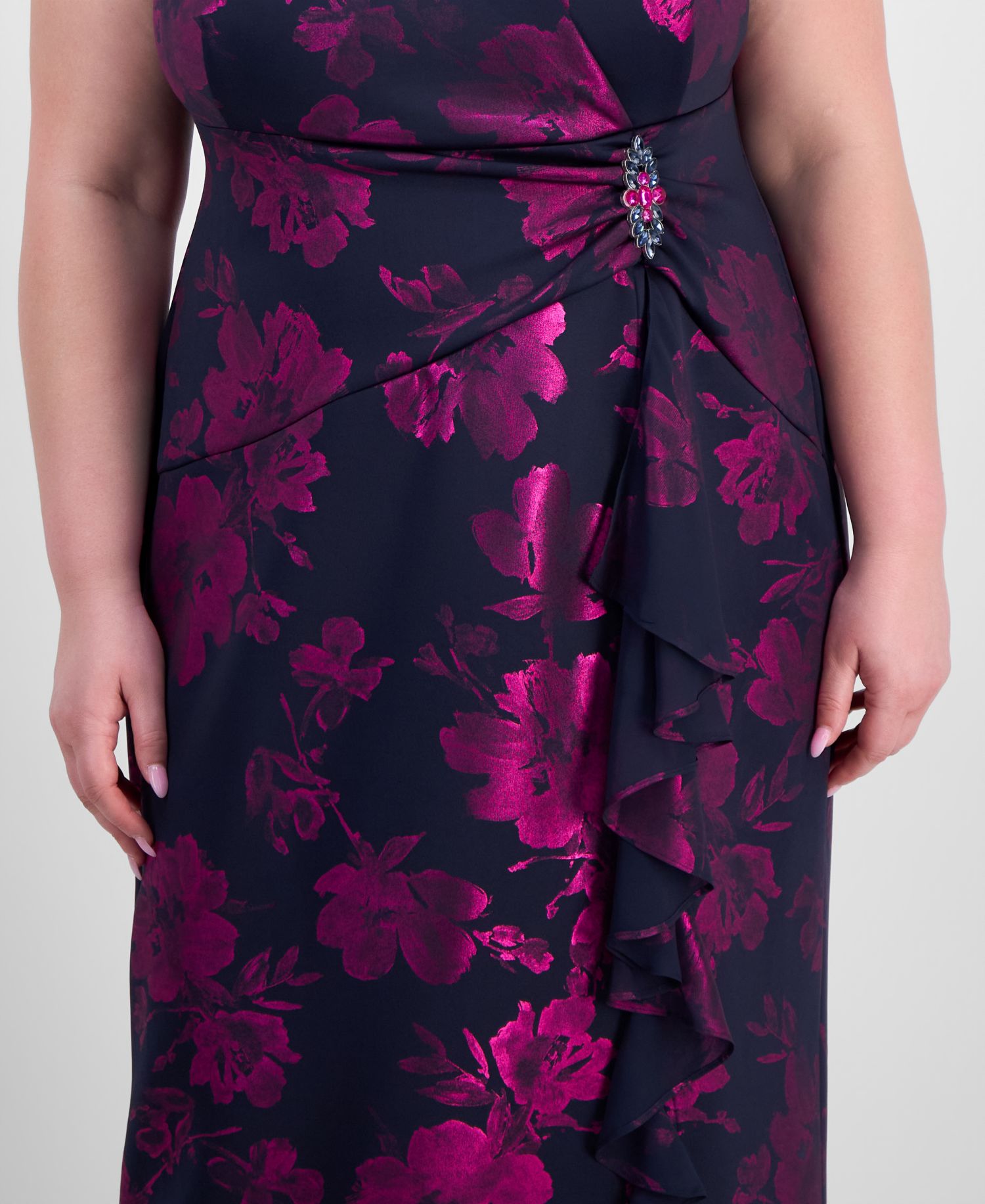 Plus Size Ruffled Brooch-Embellished Dress