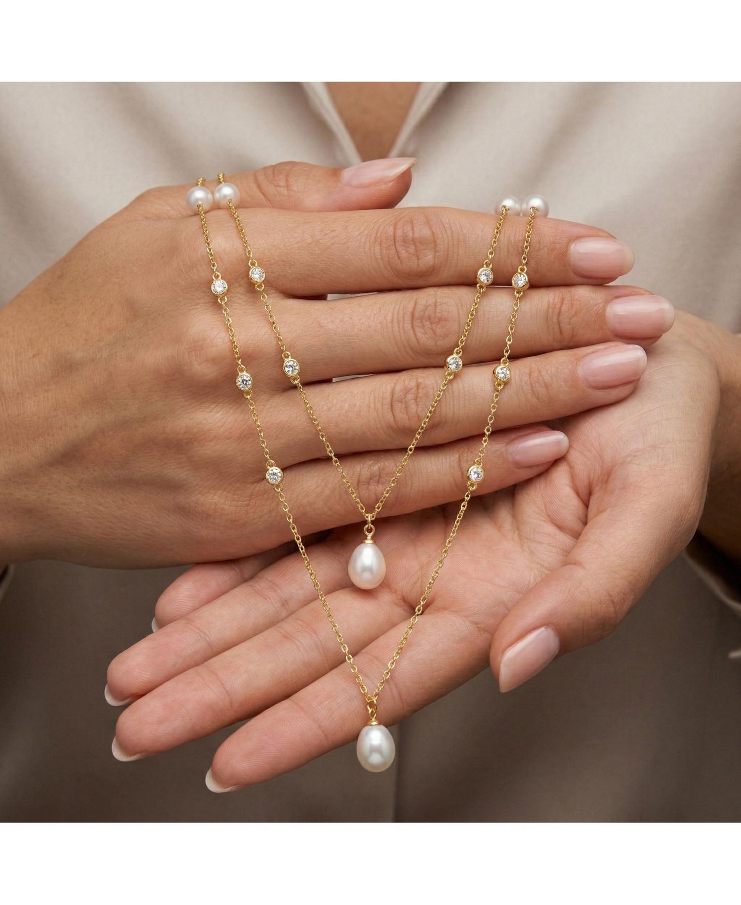 Sterling Silver 14K Gold Plated Freshwater Pearl Layered Necklace