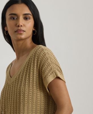 Petite V-Neck Open-Knit Sweater