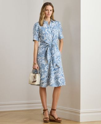 Petite Paisley-Print Tie-Front Collared Shirt Dress