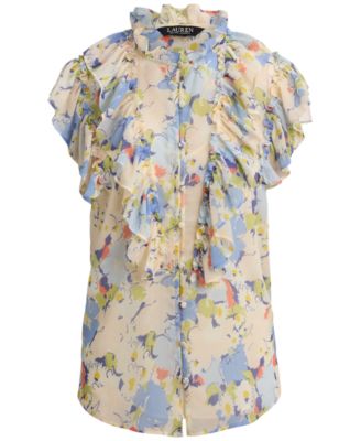 Petite Floral-Print Ruffle Band Collar Georgette Top