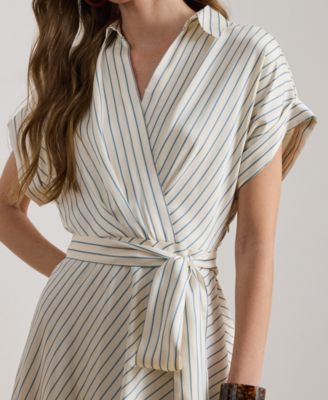 Petite Striped Belted Wrap Collared Midi Dress
