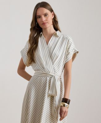 Petite Striped Belted Wrap Collared Midi Dress