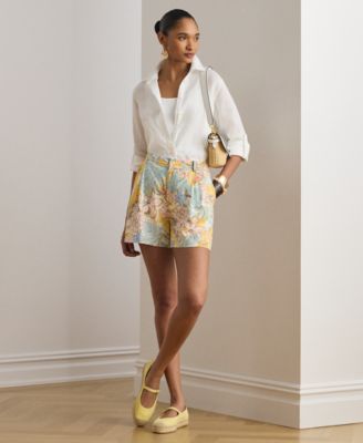 Petite Floral-Print Pleated Pull-On Shorts
