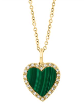 Malachite & Diamond (1/20 ct. t.w.) Heart Pendant Necklace in 14k Yellow Gold