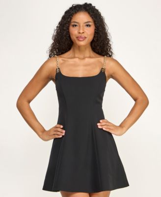 Juniors' Scoop Neck Chain-Link Straps Flared Dress