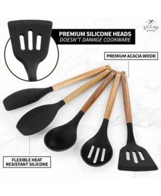5 Piece Silicone Utensils Set with Authentic Acacia Wood Handles