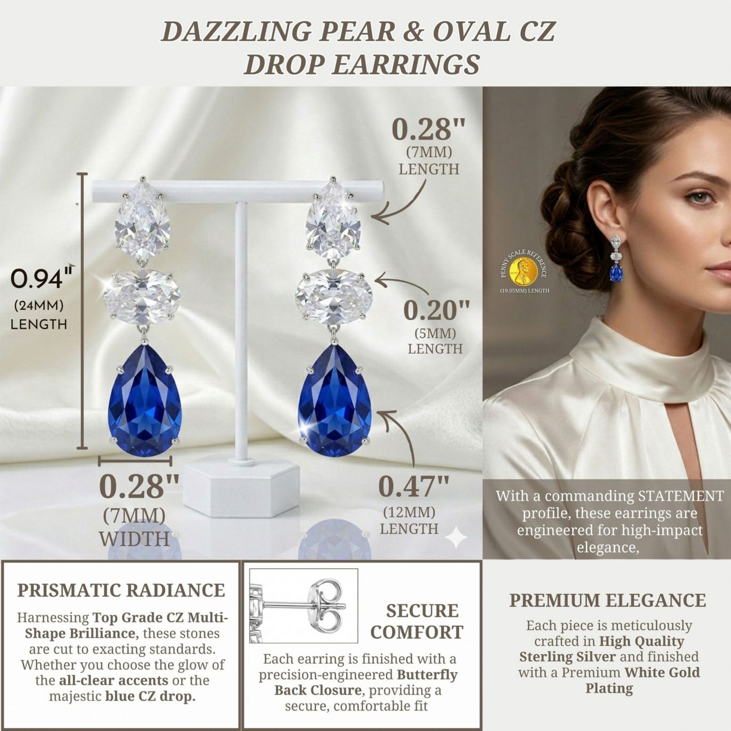 Dazzling White Gold Plated Pear and Oval CZ Drop Earrings