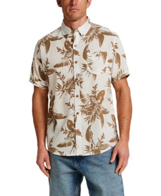 Men's Short-Sleeve Button Down Print Linen Cotton Shirt