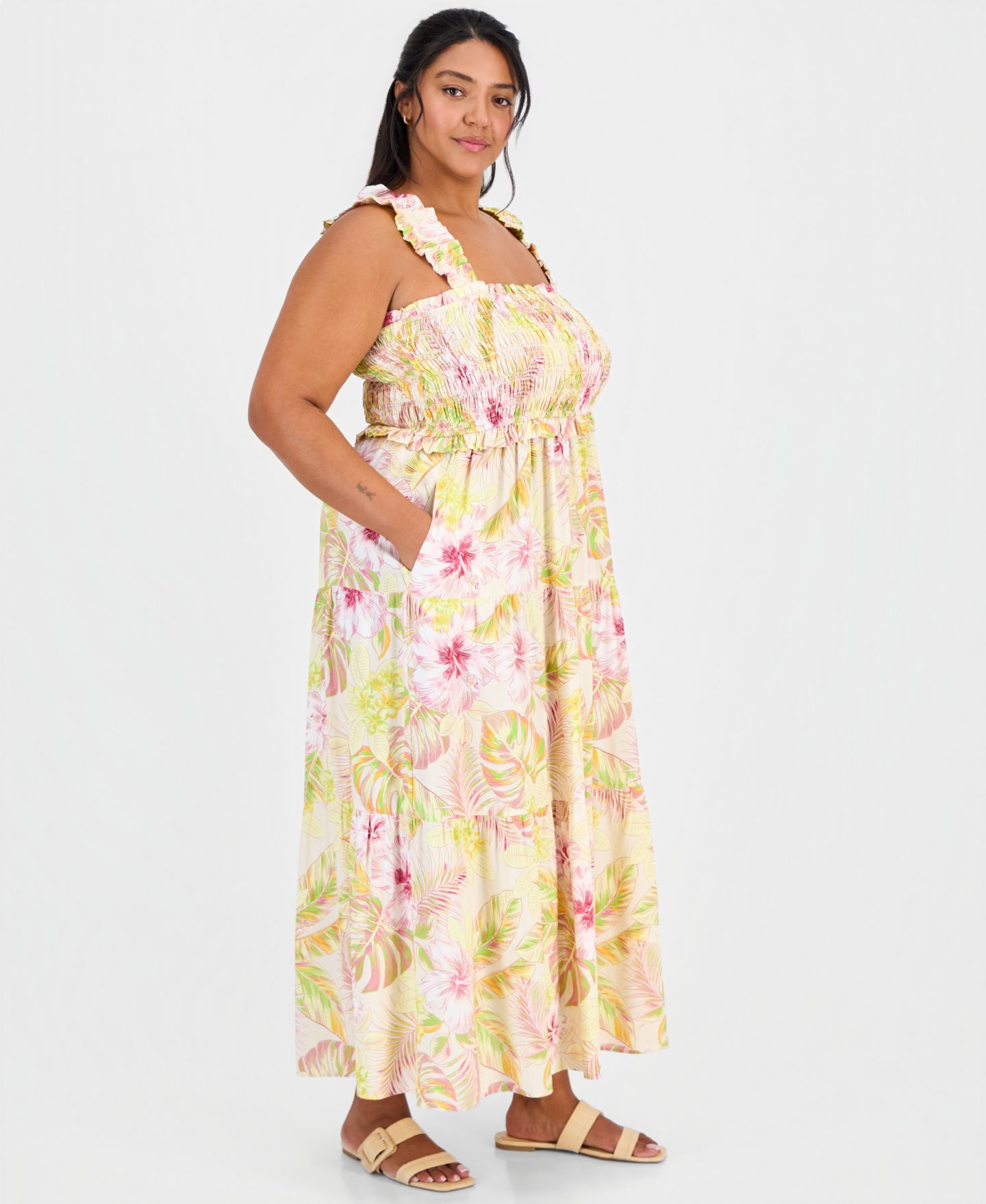 Женское платье FULL CIRCLE TRENDS Plus Size Poof Strap Square Neck Rayon, цвет: Clarissa Tropical — фото 2