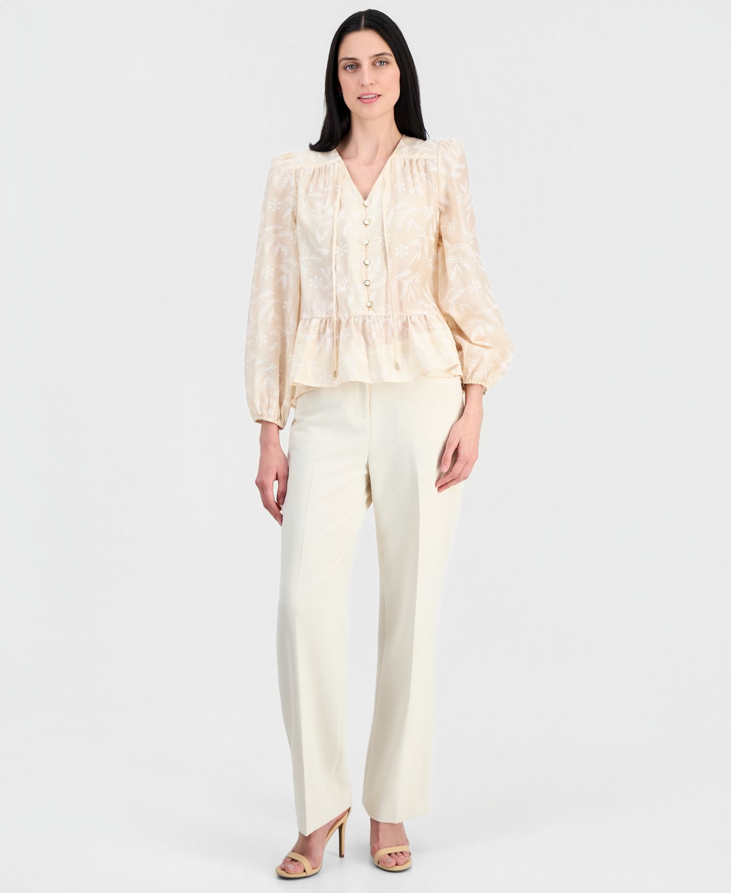 Женская блузка Tahari ASL Long-Sleeve Peplum Blouse, цвет: Песочная слоновая кость — фото 2