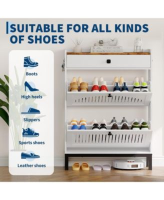 Modern Wooden Shoe Storage Cabinet – 2 Turn Drawers, Adjustable Shelf, Top Drawer, Anti-Tipping, Space-Saving Hidden Organizer for Entryway