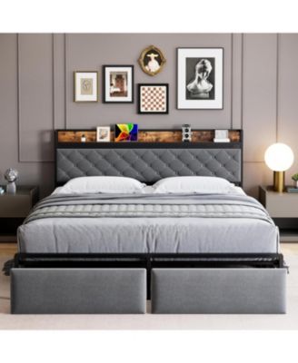 King Bed Frame with 2 Drawers and Charging Station, Upholstered LED Bed Frame with Storage Headboard, Noise-Free Design, No Box Spring Needed