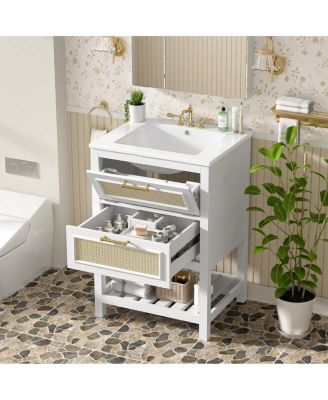 24 Inch Freestanding Bathroom Vanity with Ceramic Sink, Flip-Out Drawer & Modern Storage for Small Spaces