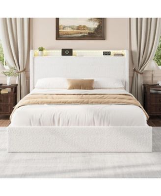 Full Bed Frame with Storage Headboard, Upholstered Bed Frame Full Size with Charging Station, LED Lights, 4 Storage Drawers