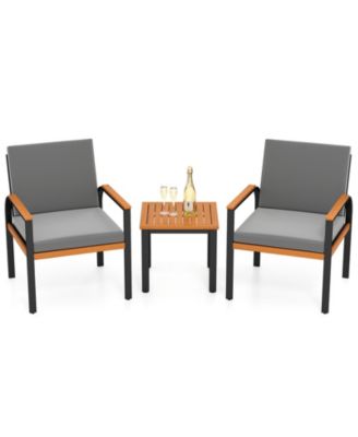 3 Pieces Patio Furniture Set Outdoor Bistro Conversation Set w/ Acacia Wood Side Table