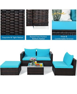 5PCS Cushioned Rattan Patio Conversation Set w/ Coffee Table Ottoman
