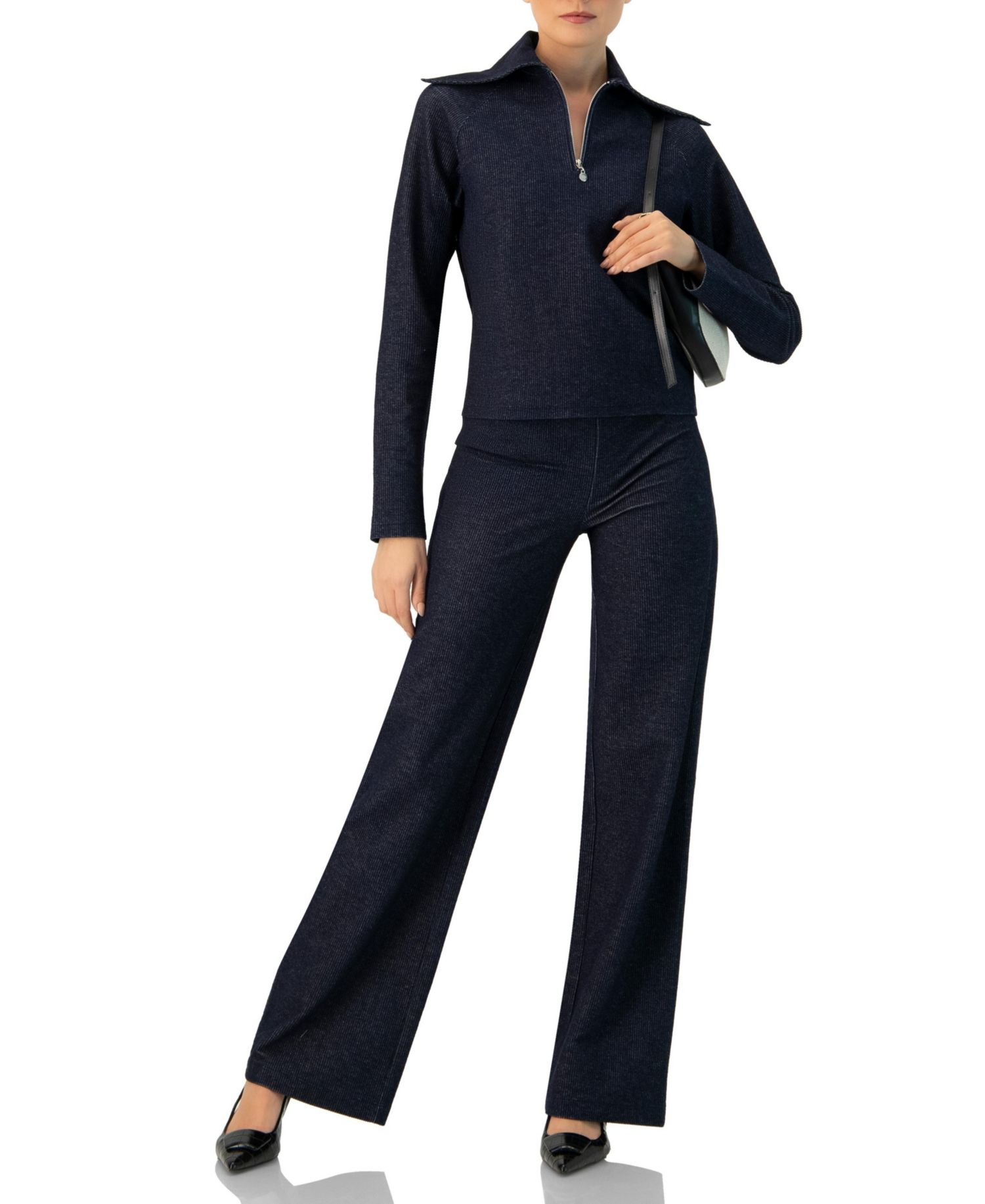 Women's Ribbed Knit Sweater with Neckline Zipper