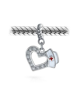 Heart Shape RN Cap Nurse Dangle Bead Charm For Charm Bracelet .925 Sterling Silver