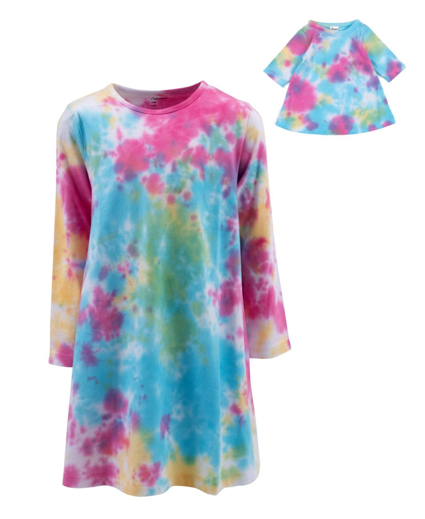 Платье Leveret Matching Doll Long Sleeve Cotton Crew Neck A-Line Dress для девочек, цвет: Тай-дай синий — фото 2