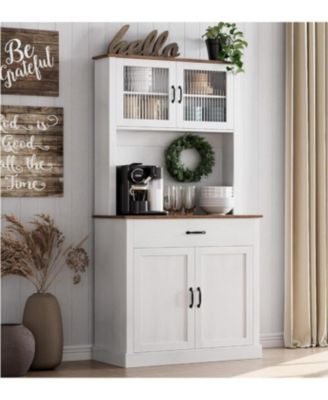 Kitchen Pantry Cabinet with Microwave Stand & Coffee Bar,Wooden Freestanding Hutch Cabinet with Adjustable Shelves and 4 Doors