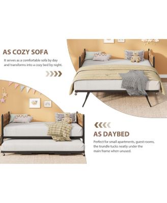 Daybed with Trundle, Metal Slat Support, Lockable Casters, Wavy Wood Grain Headboard, Space-Saving Sofa Bed for Living/Guest Room