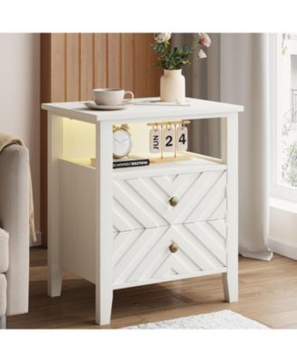 LED Nightstand with 2 Storage Drawers, Farmhouse Bedside Table with RGB Lighting, Open Shelf and Sturdy Wooden Legs, Rustic Side Table