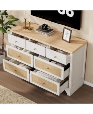 Wide Wood Chest of Drawers with Rattan Drawers, Drawer Organizer with Sturdy Base