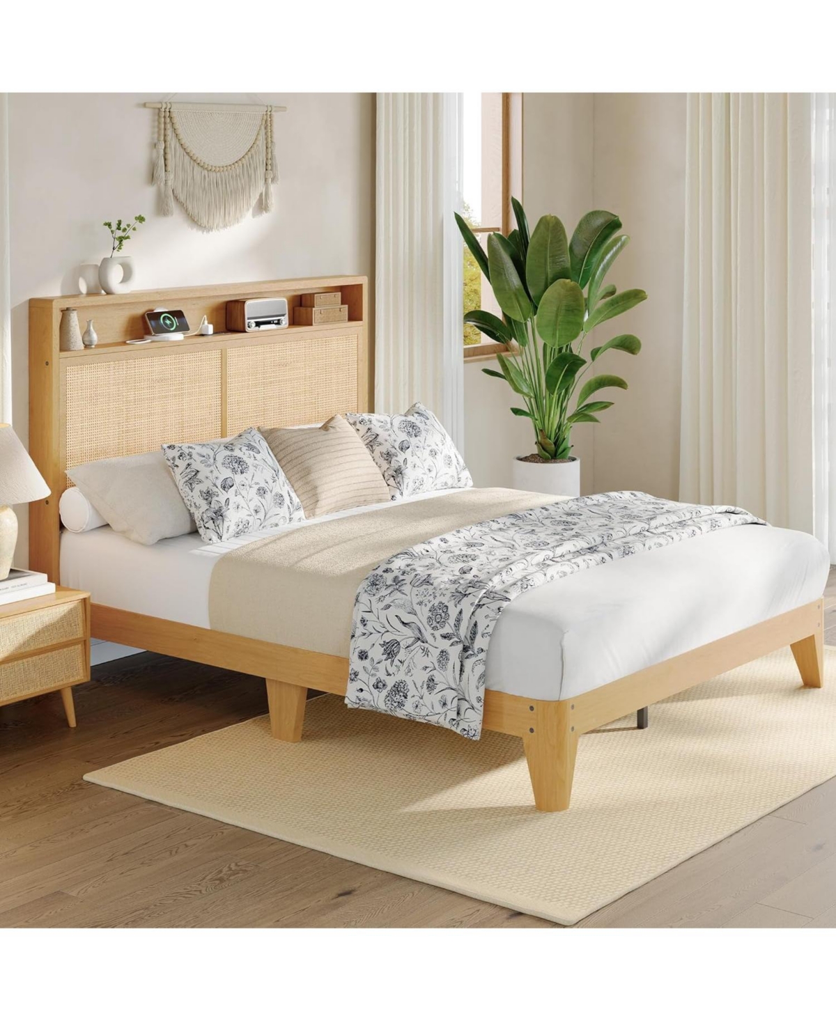 gaomon Queen Rattan Bed Frame Led Lights Boho Wood Platform Storage Headboard Charging Station Silent Slats No Box Spring