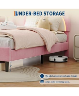  Upholstered Platform Bed Adjustable LED Headboard Wooden Slats Smart Light Design No Box Spring