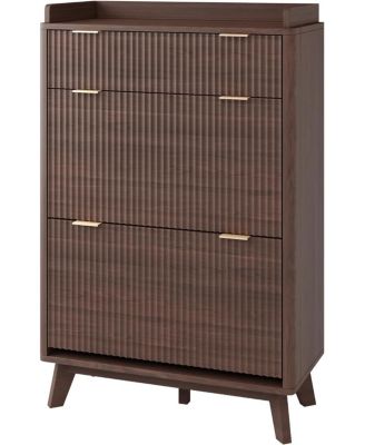 Fluted Wood Shoe Storage Cabinet for Entryway with 2 Flip Drawers and Adjustable Shelves 48 inch Tall Freestanding Hidden Narrow Shoe Rack