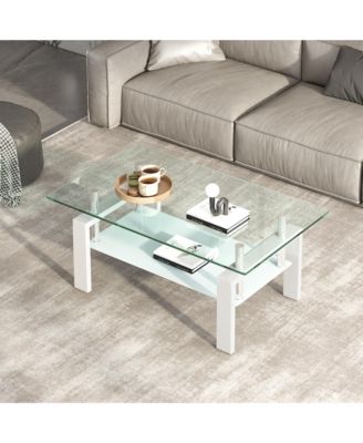 Rectangle 2-Tier Glass Coffee Table, Modern Small Center Table with Storage and Metal Legs for Living Room, Home Office
