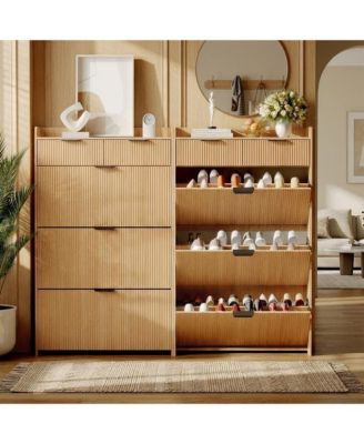 Modern Shoe Cabinet with 3 Flip Drawers and 2 Small Drawers and Hook Slim Fluted Shoe Storage Organizer.