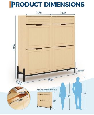 Rattan Shoe Cabinet Storage with 4 Flip Drawers and 2 Top Drawers Freestanding Shoe Organizer  Slim Shoe Rack Storage with Adjustable Shelves