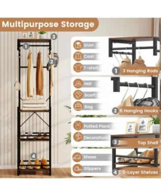 Freestanding Coat Rack with 6 Hooks and 4 Storage Shelves