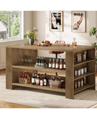 3-Tier Farmhouse Kitchen Island with Storage, 59'' Wooden Stationary Island Table with Open Shelves & Large Worktop & Leg Room