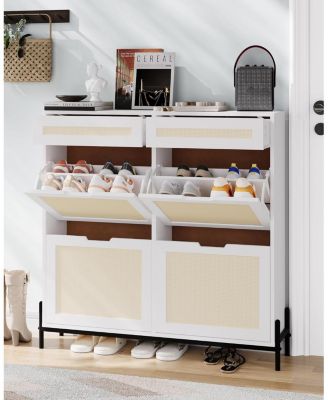 Rattan Shoe Cabinet Storage with 4 Flip Drawers and 2 Top Drawers Freestanding Shoe Organizer Wooden Slim Shoe Rack Storage