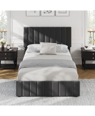 Upholstered Bed Frame 4 Storage Drawers Adjustable Headboard Wooden Slats Support No Box
