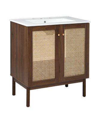 30'' Modern Bathroom Vanity with Ceramic Sink, Bamboo & MDF, Soft Close Rattan Doors, Freestanding Storage Cabinet for Small Spaces